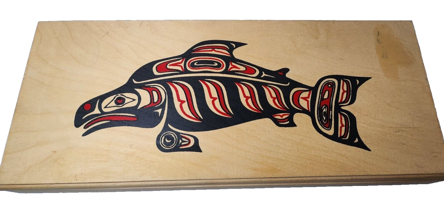 Vintage Natural Wood Fish Storage Treasure Box Folk Art Hand Painted Rectangular