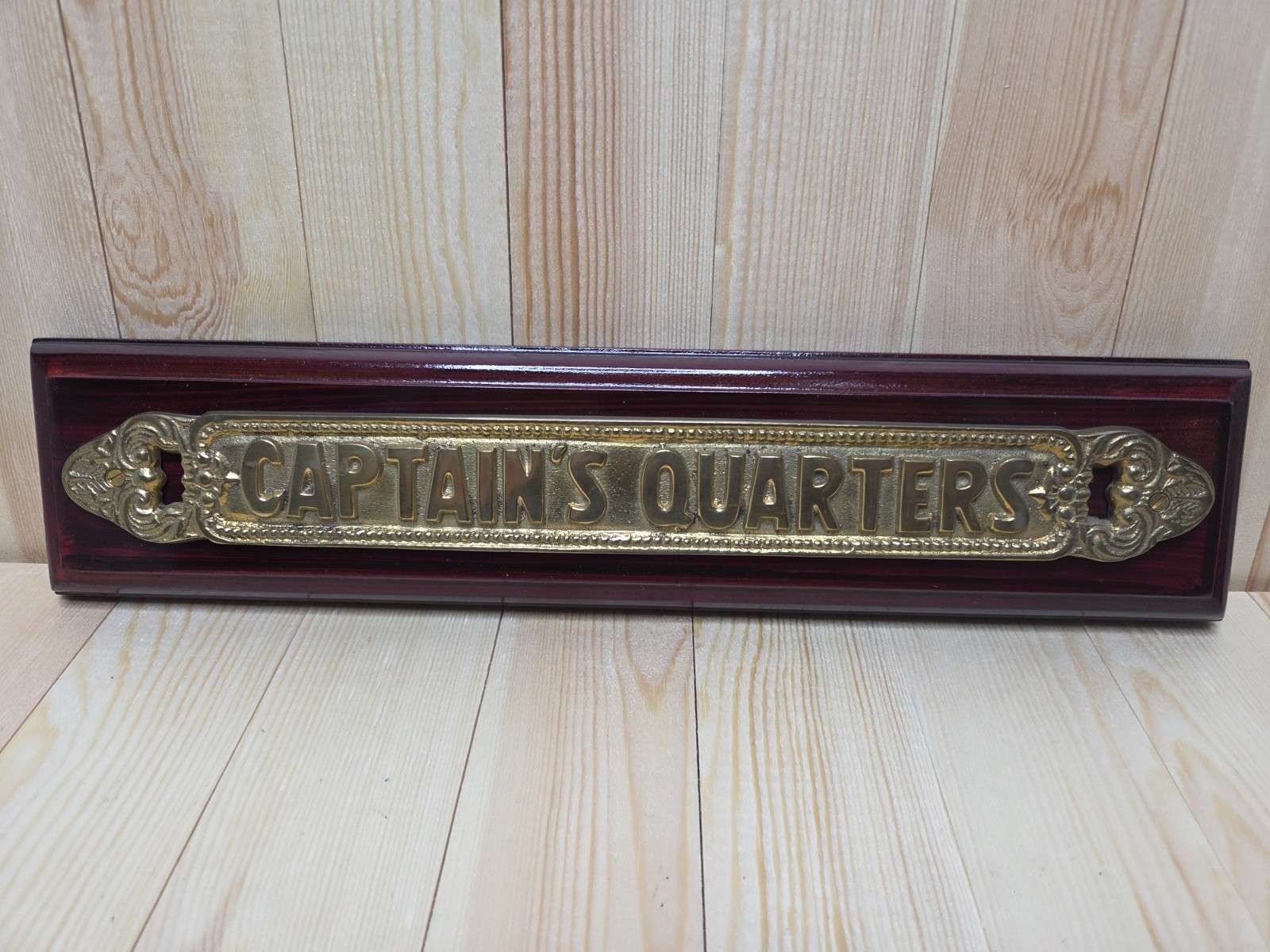 Solid Brass Captains Quarters  on Wooden Plaque Sign 13.5