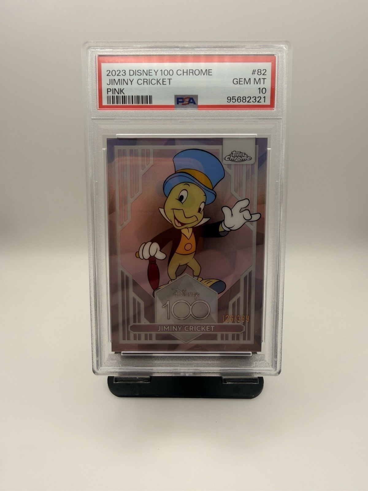Topps 2023 Disney 100 Chrome Jiminy Cricket #82 Pink PSA 10 Serial /389