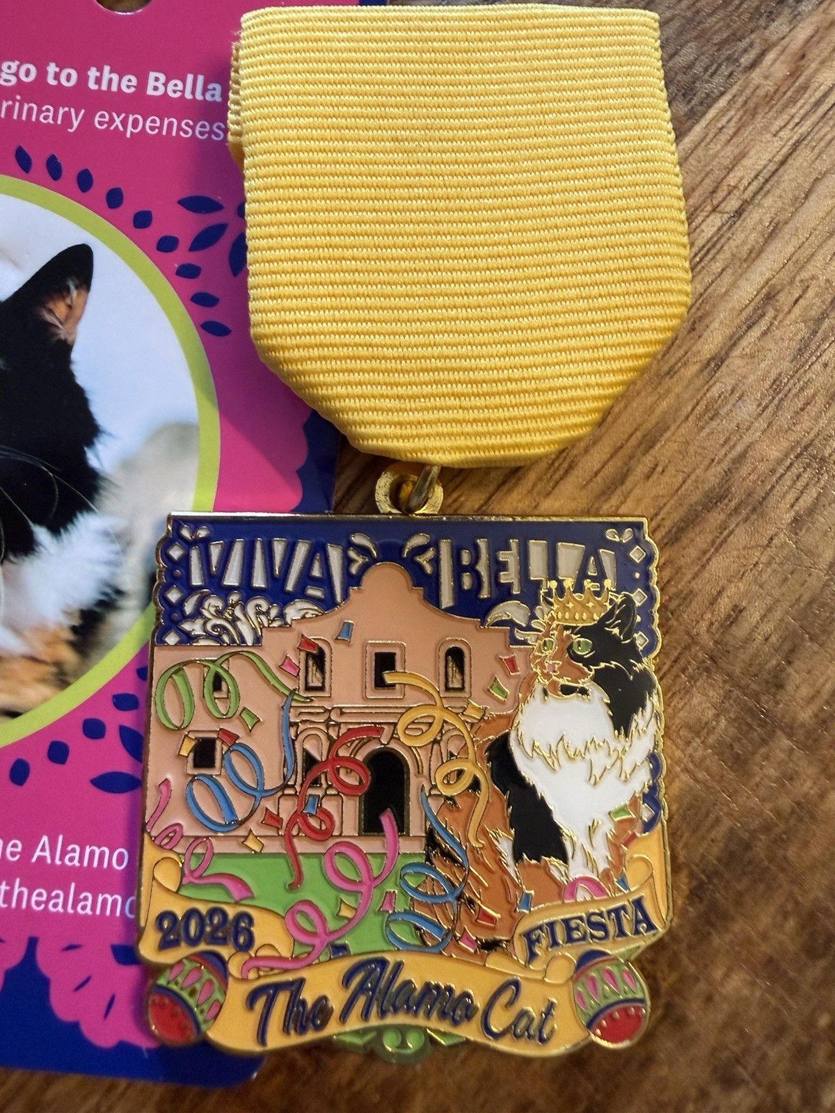 2026 Viva Fiesta The Alamo Cat Ribbon Medal Pinback w/ Yellow Ribbon