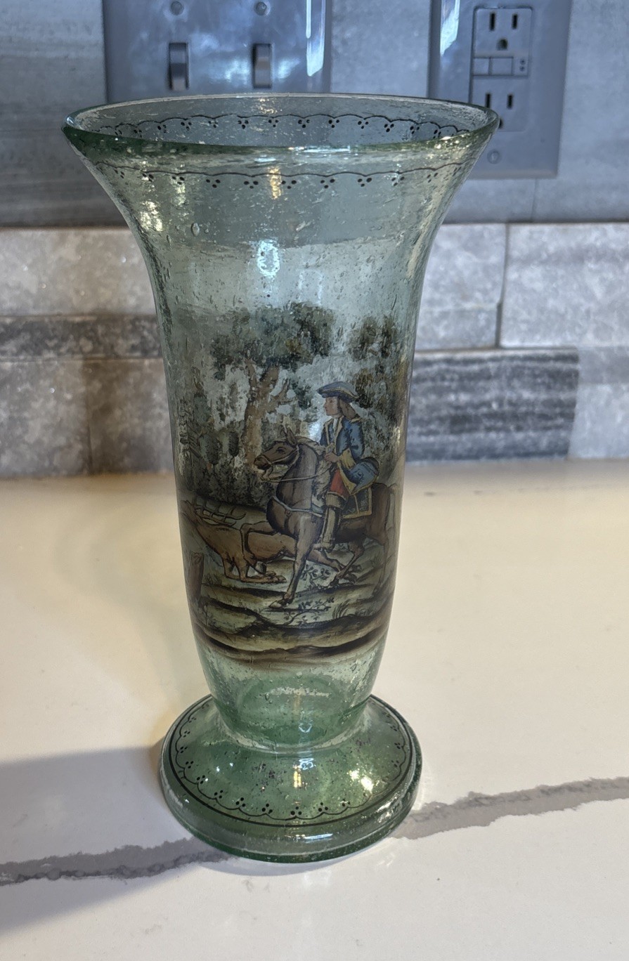 Vintage Hand Painted & Blown Glass Vase w/bubbles - Hunting Scene