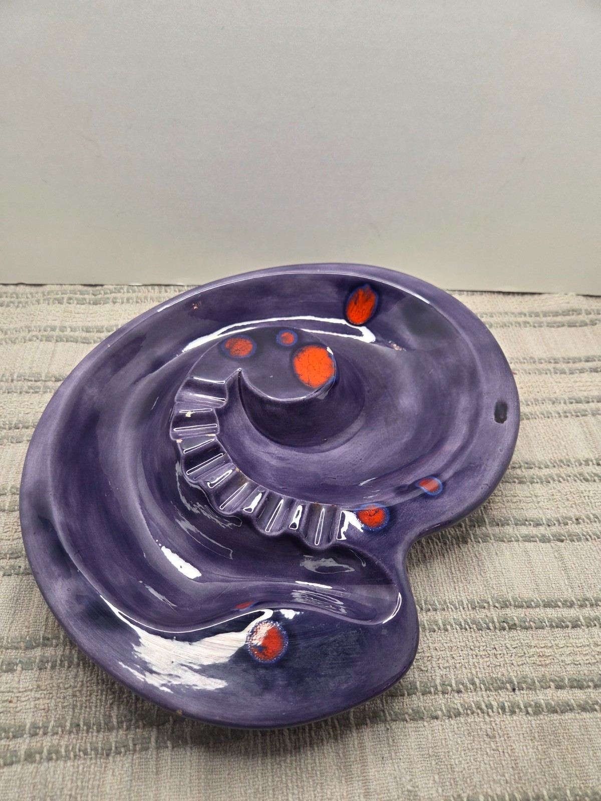 Vtg 1970s Large Ceramic Table purple ASHTRAY Drip Glaze Pottery Signed Irene