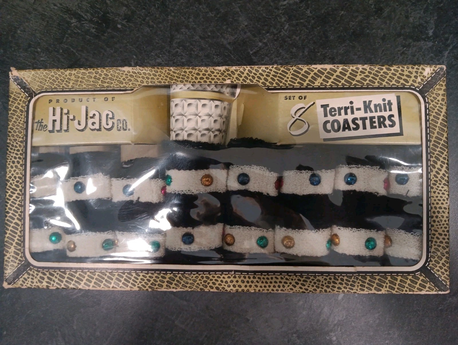 Vtg MCM Hi-Jacs Terri-Knit Coasters Set of 8 Studded Beaded In Original Box NOS