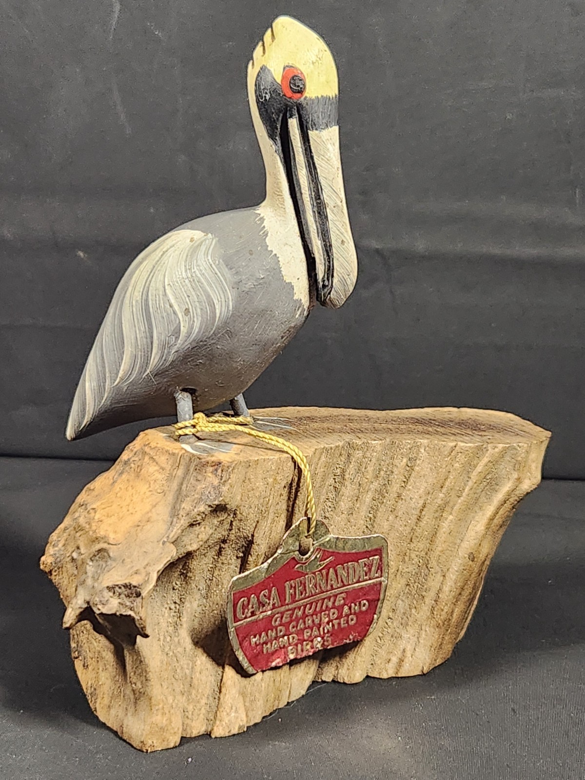 Vintage Casa Fernandez Florida hand carved painted wood pelican driftwood tag