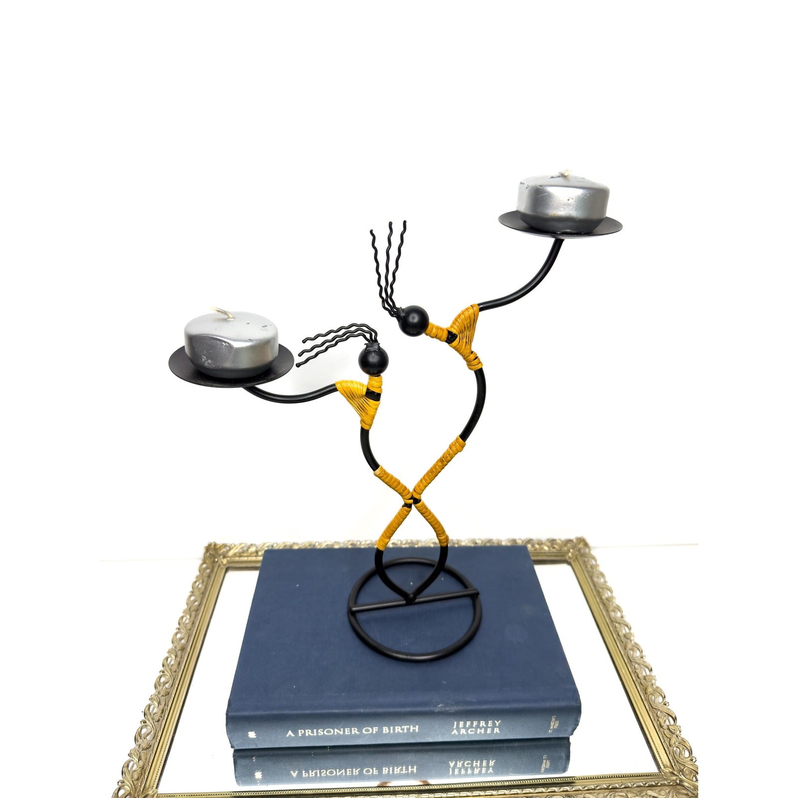 Vintage 1980s Post Modern Memphis Styled Black Metal Double Candle Holder by Lau