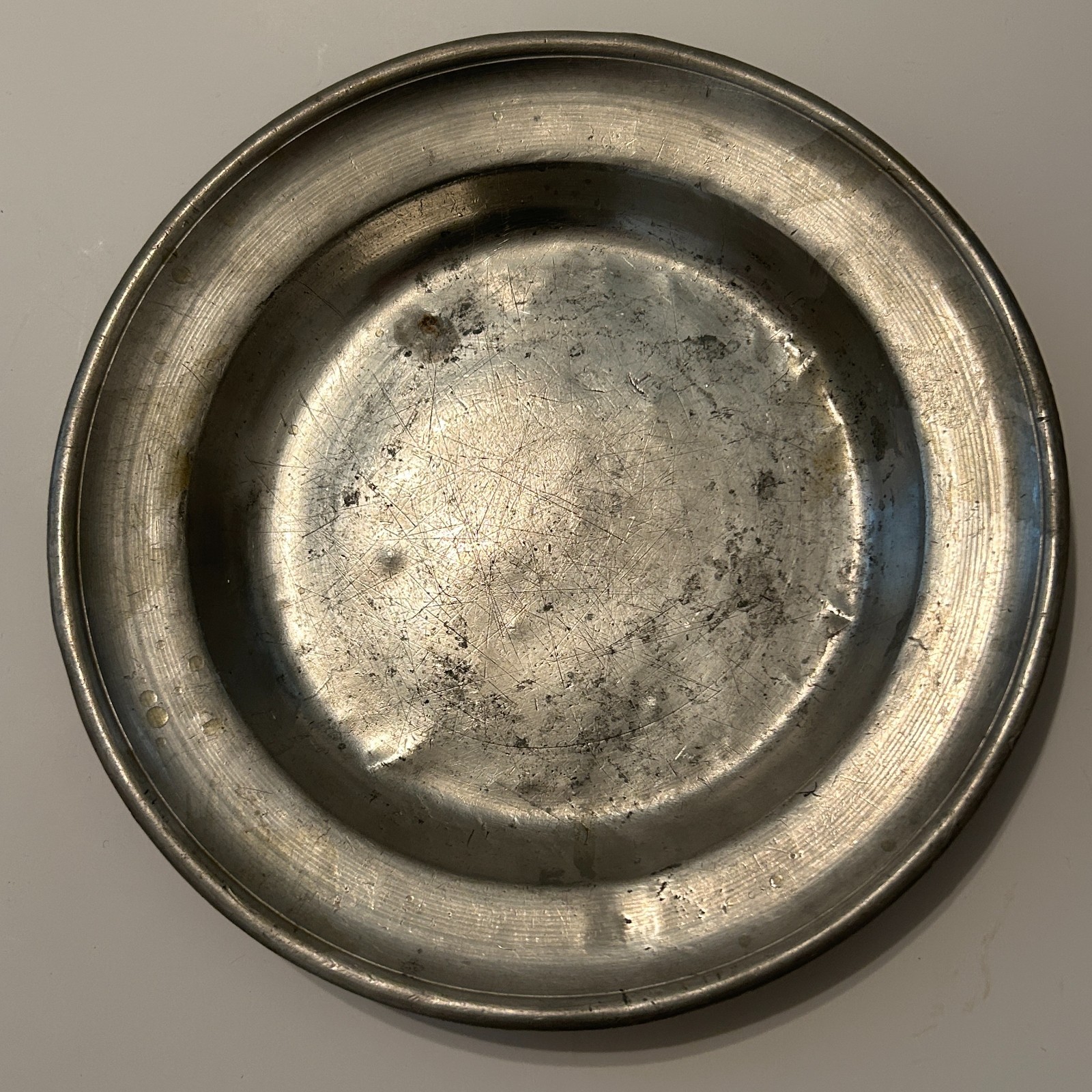 Antique 18th C 8.5” Crowned Rose & Angel Touch Mark Pewter Plate Charger