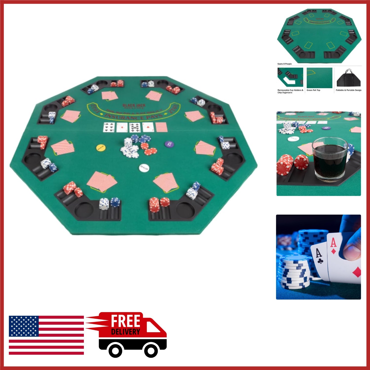 48-Inch Folding Poker Table Top for 8 Players with Cupholders and Chip Trays