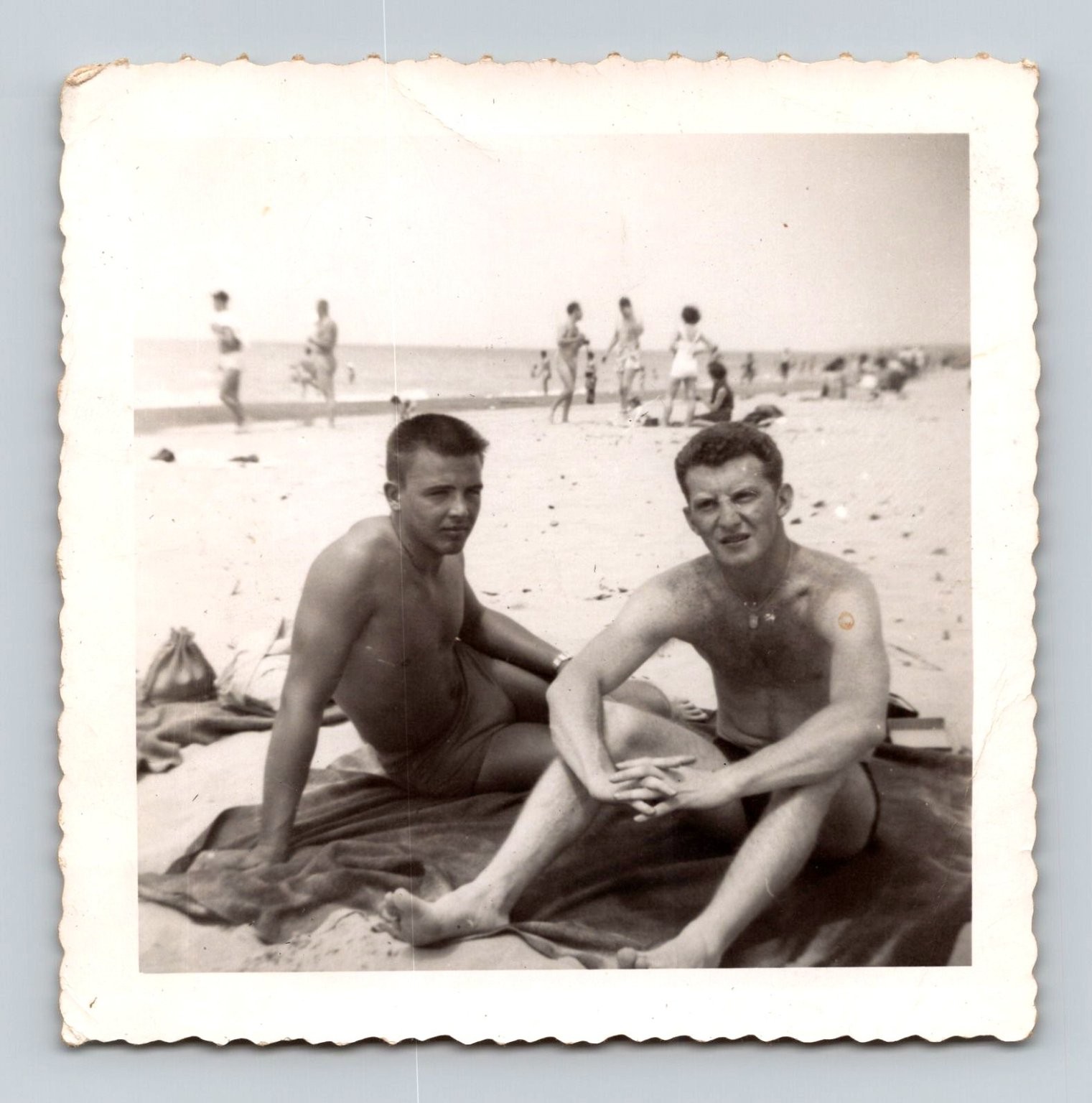 Beach Scene 1954 Snapshot Photograph Two Men Warren Dunes Michigan