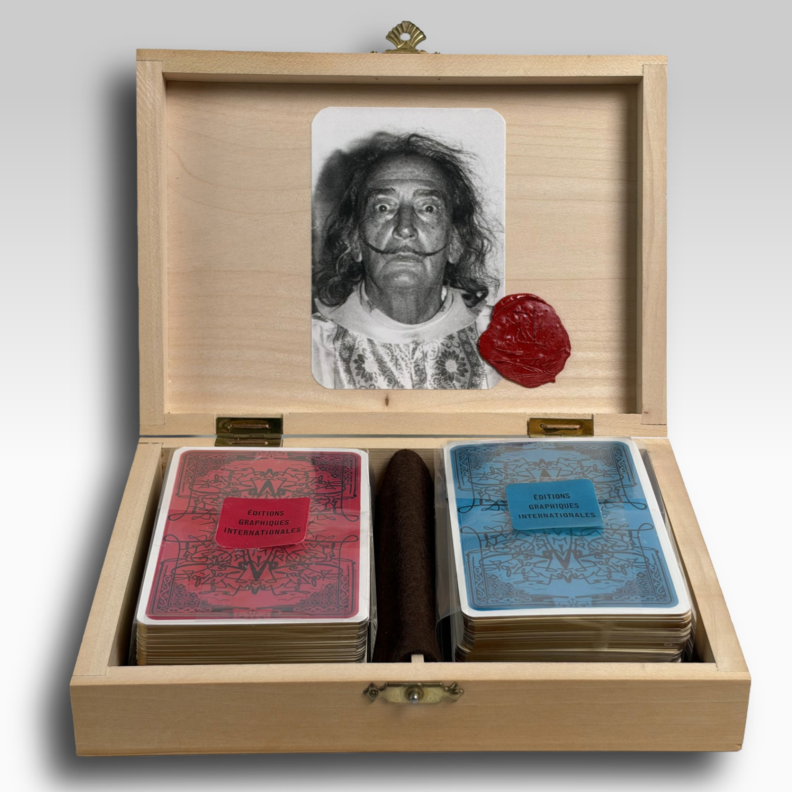 Vtg 1969 SALVADOR DALI Playing Cards Set Box Wood Case Draeger Sealed Deck Gilt