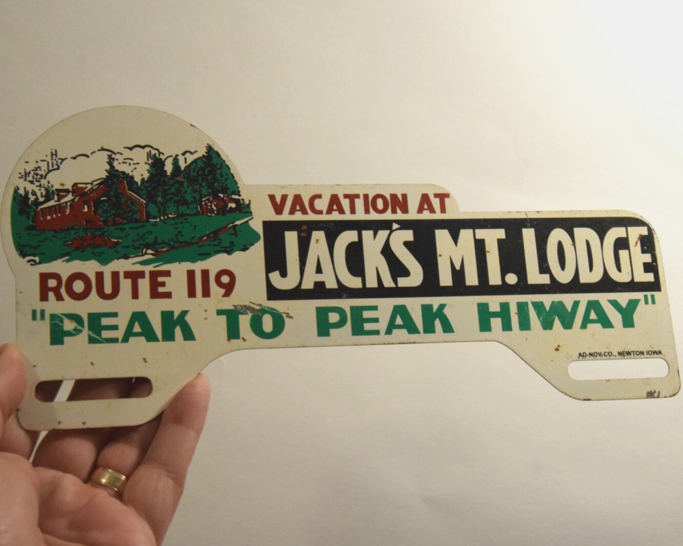 JACK\'S MOUNTAIN LODGE ARIZONA ROUTE 119 PAINTED METAL TOPPER SIGN CAR 1950s