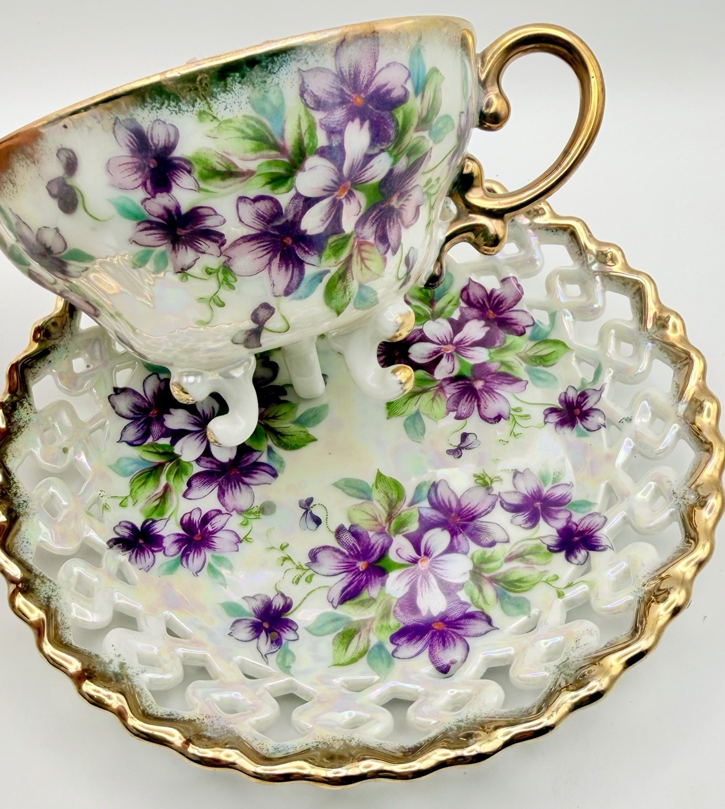 Vintage Royal Sealy Japan Footed Violets Cup & Open Saucer; Iridescent Teacup 2