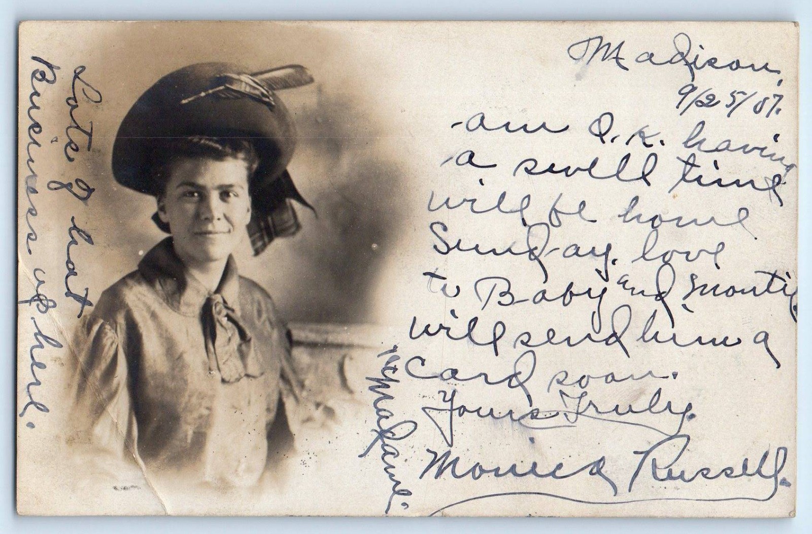 1907 Woman With Big Hat Business Madison Wisconsin WI RPPC Photo Posted Postcard