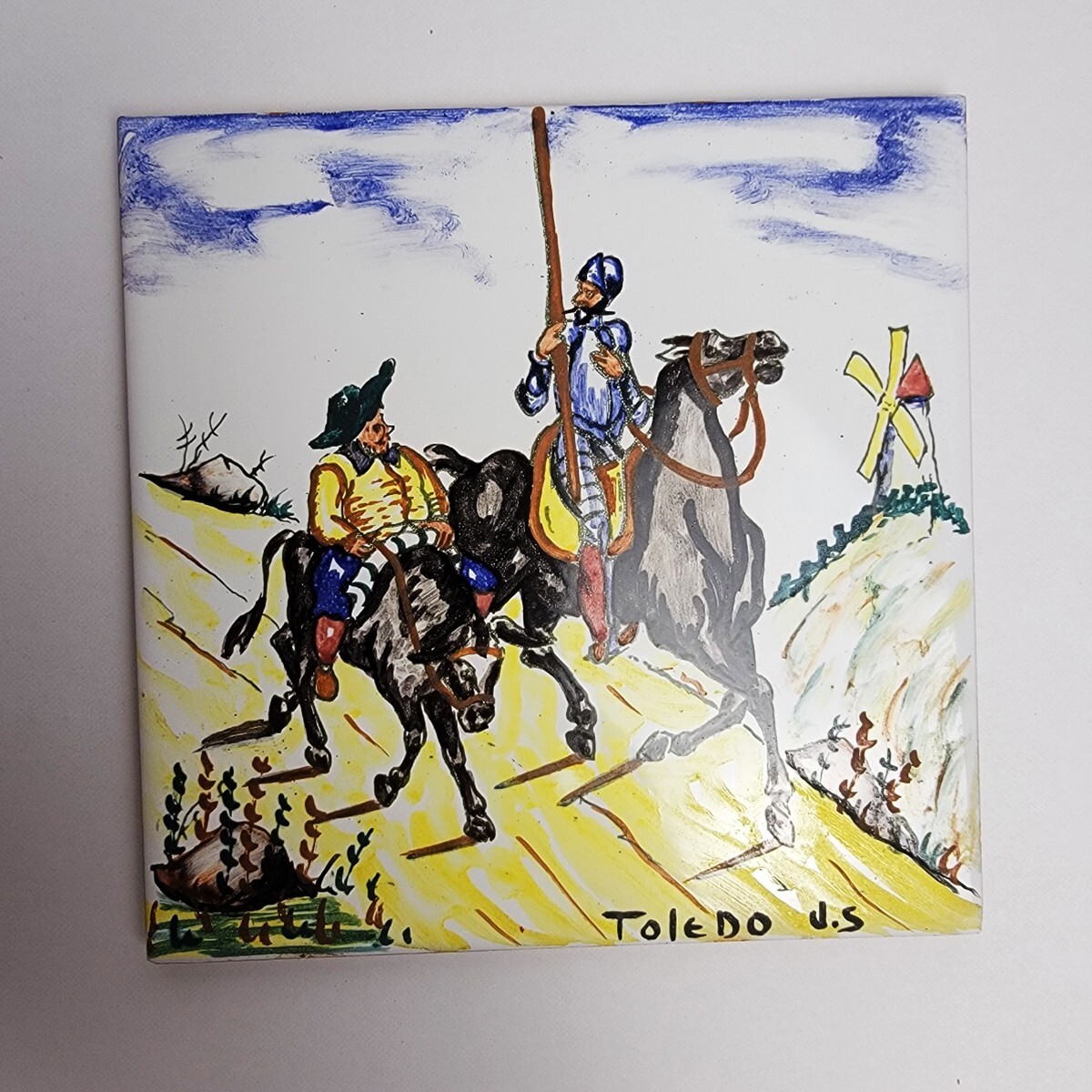 Toledo Hand-Painted Spanish Ceramic Tile Don Quixote/Sancho Panza Signed J.S.