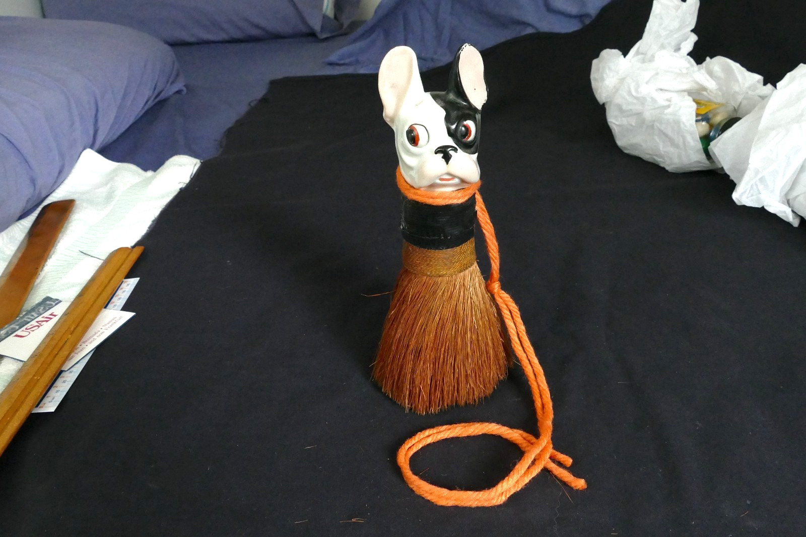 Vintage Adorable Boston Terrier Ceramic & Bristle Clothes Crumb Brush Germany?