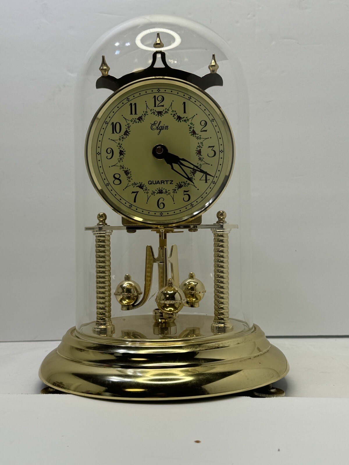Large 12in Glass Dome Elgin Quartz anniversary torsion desk shelf mantle clock 