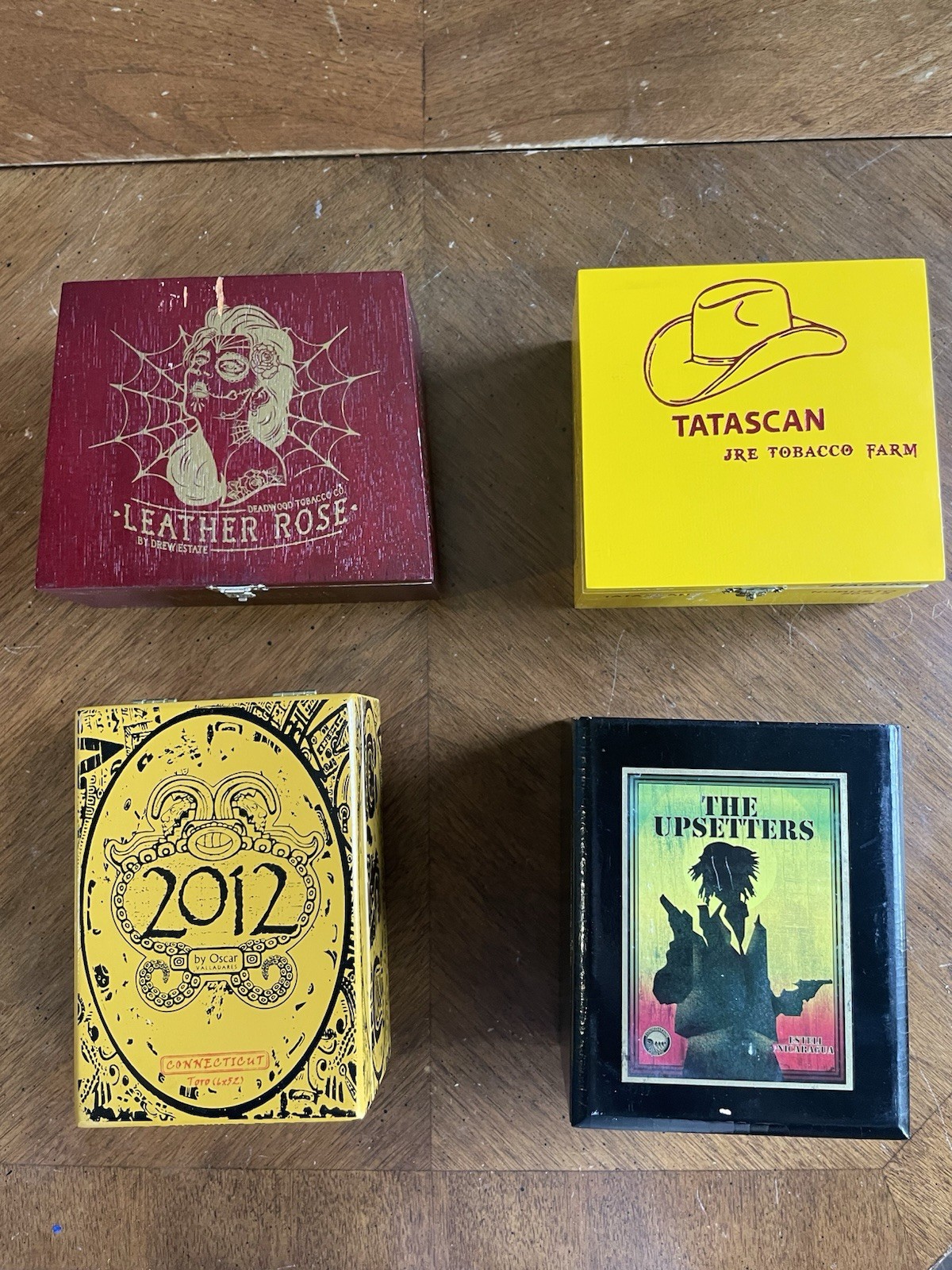 Lot of 4 Empty Wooden Cigar Boxes Drew Estate Tatascan 2012 Upsetters Decor