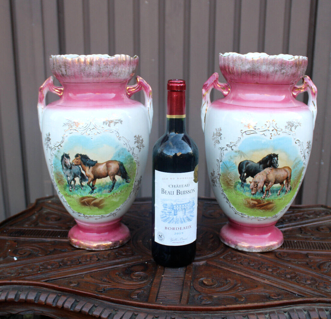 PAIR antique english victorian Faience porcelain horse scene vases