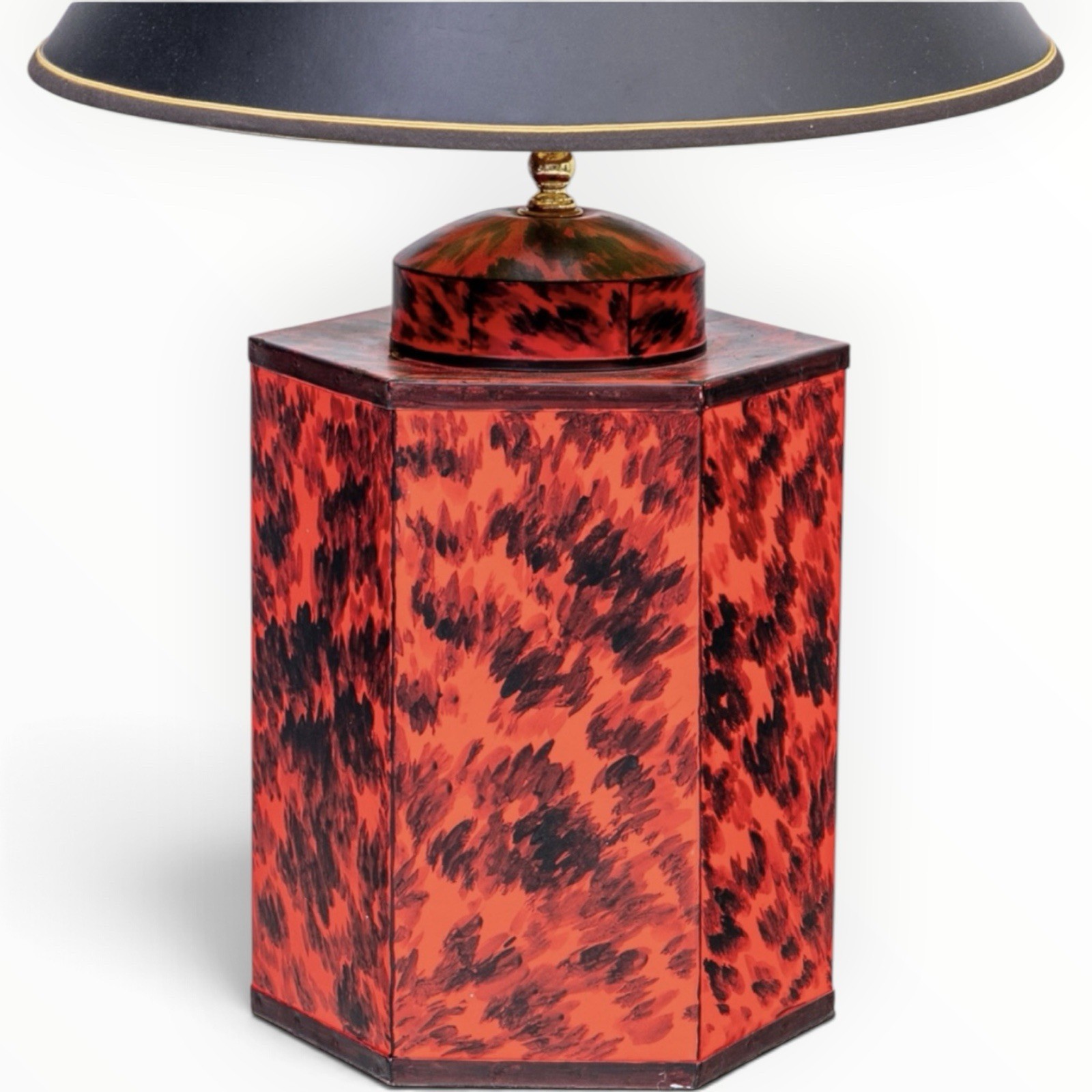Vintage English Export Vermillion Hand Painted Red Faux Tortoise Tea Caddy Lamp
