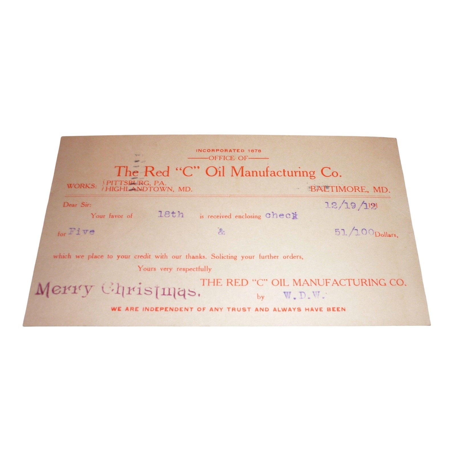 1912 The Red C Oil Manufacturing Co Baltimore MD Antique Postal Card Ephemera