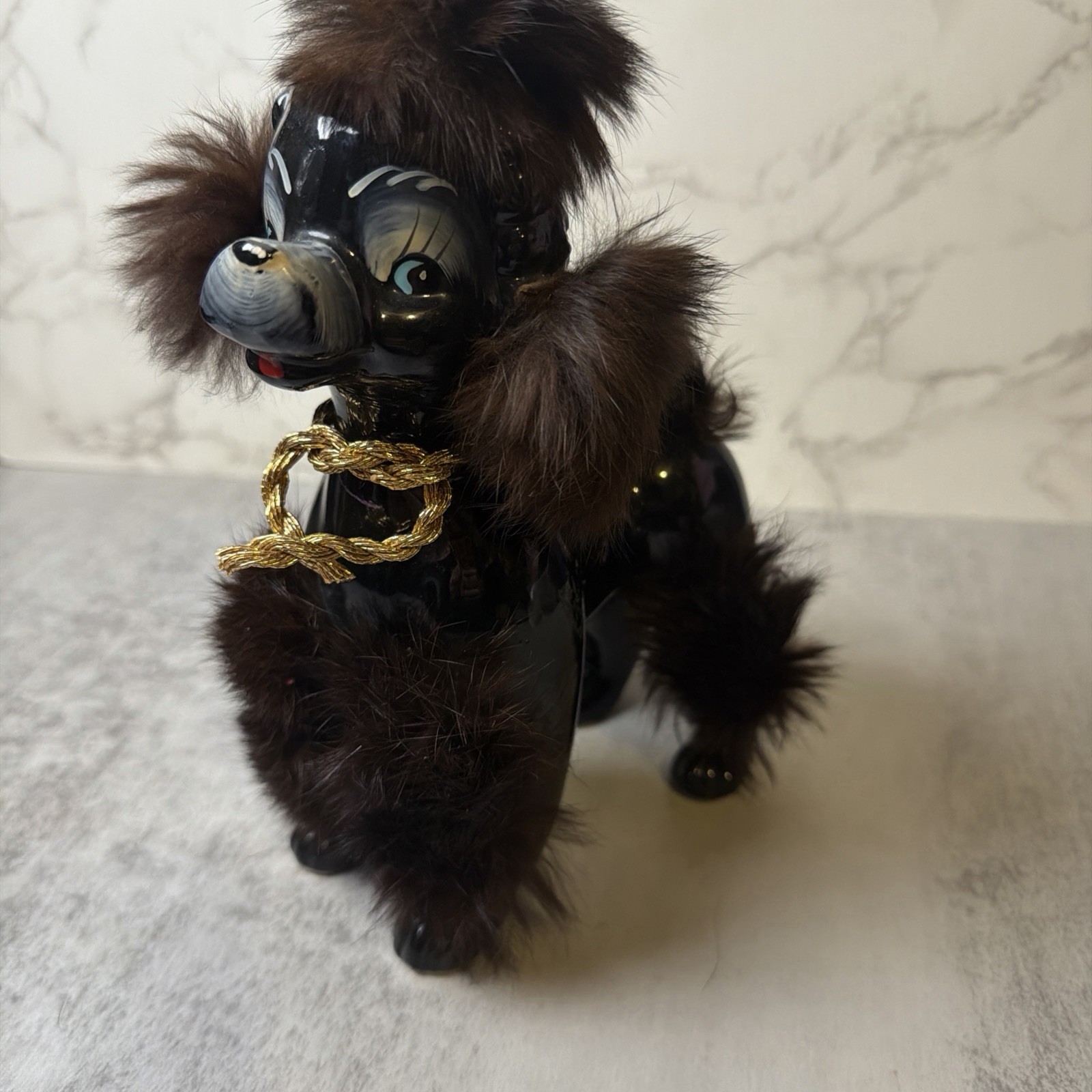Vintage MCM Ceramic Faux Fur & Black Brown Poodle Dog Figurine 8” Handpainted