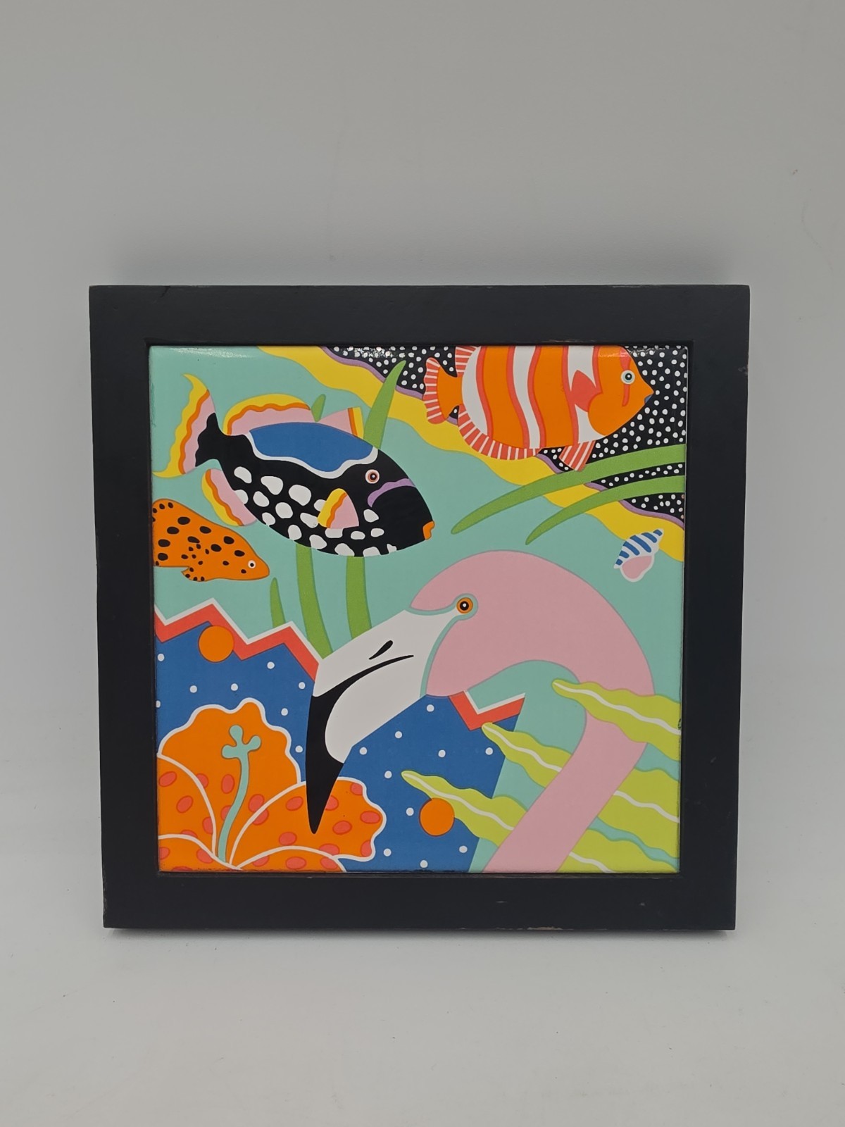Vintage 1989 Vandor Art Tile Framed Pelzman Design Flamingo Tropical Fish Retro
