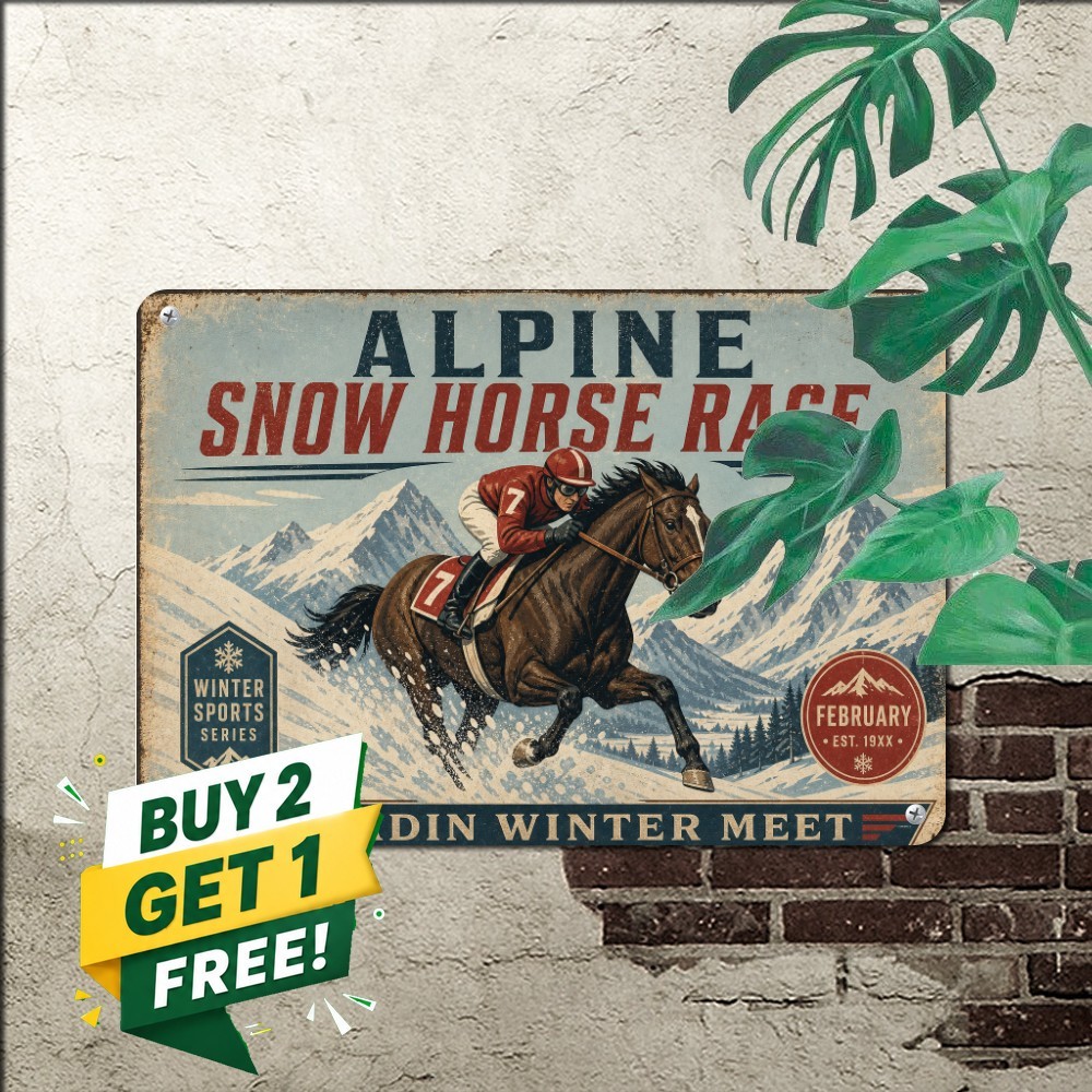 Alpine Winter Horse Racing Snow Track Sports Trophy Decor Plaque Metal Tin