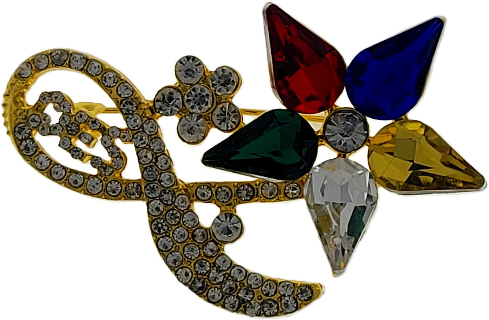 Masonic Freemason Rhinestones Golden Brooch OES Order of the Eastern Star 2 Inch