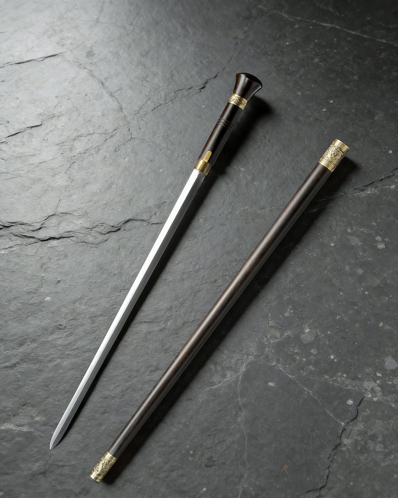 Vintage Dragon Decor Sword Cane | Solid Wood & Aged Brass Display Prop