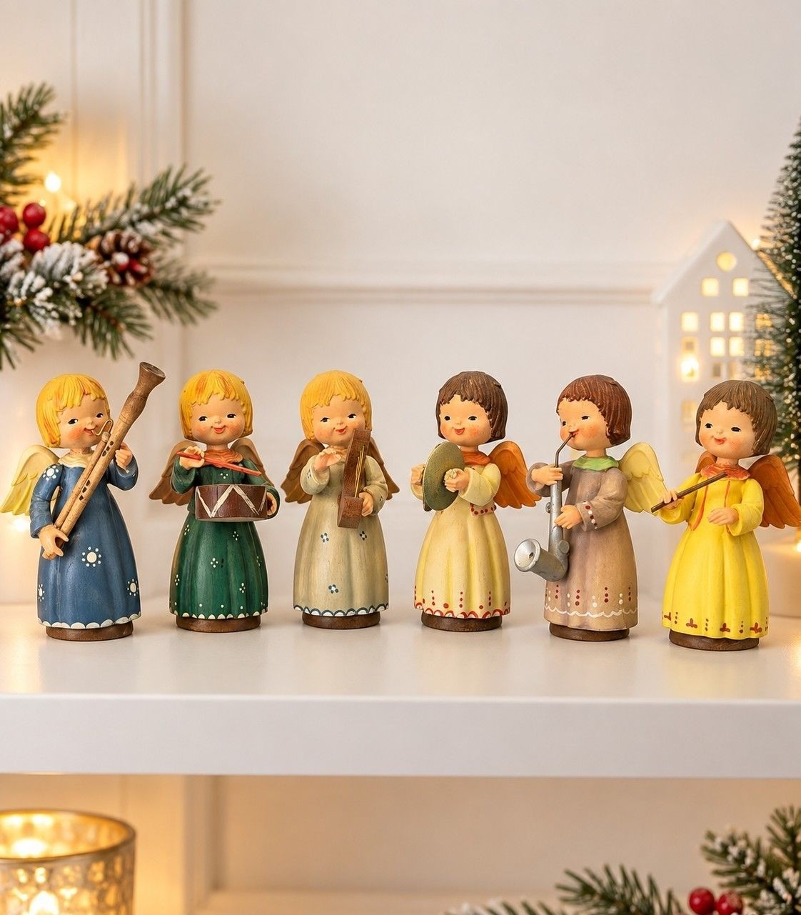 Vintage ANRI Italy Set of 6 Hand Carved Wood Musician Angels 3.5