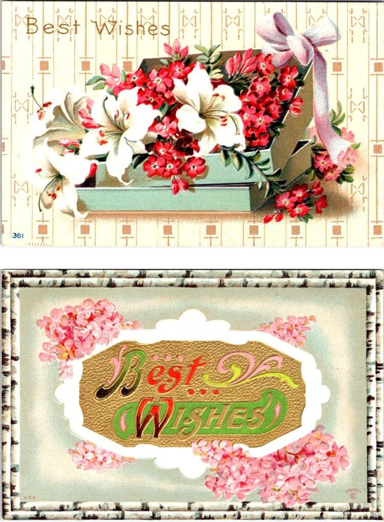 2~ca1910\'s Postcards BEST WISHES Embossed Greetings FLOWERS & RIBBON