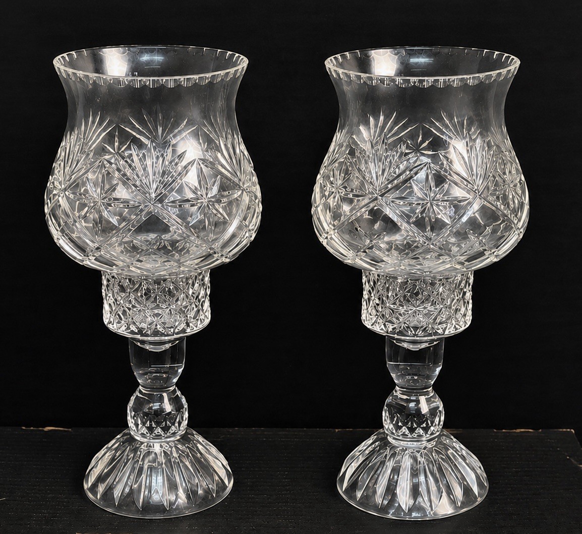 Pair Vintage Cut Crystal Hurricane Candle Holders Brilliant Glass 10” Elegant