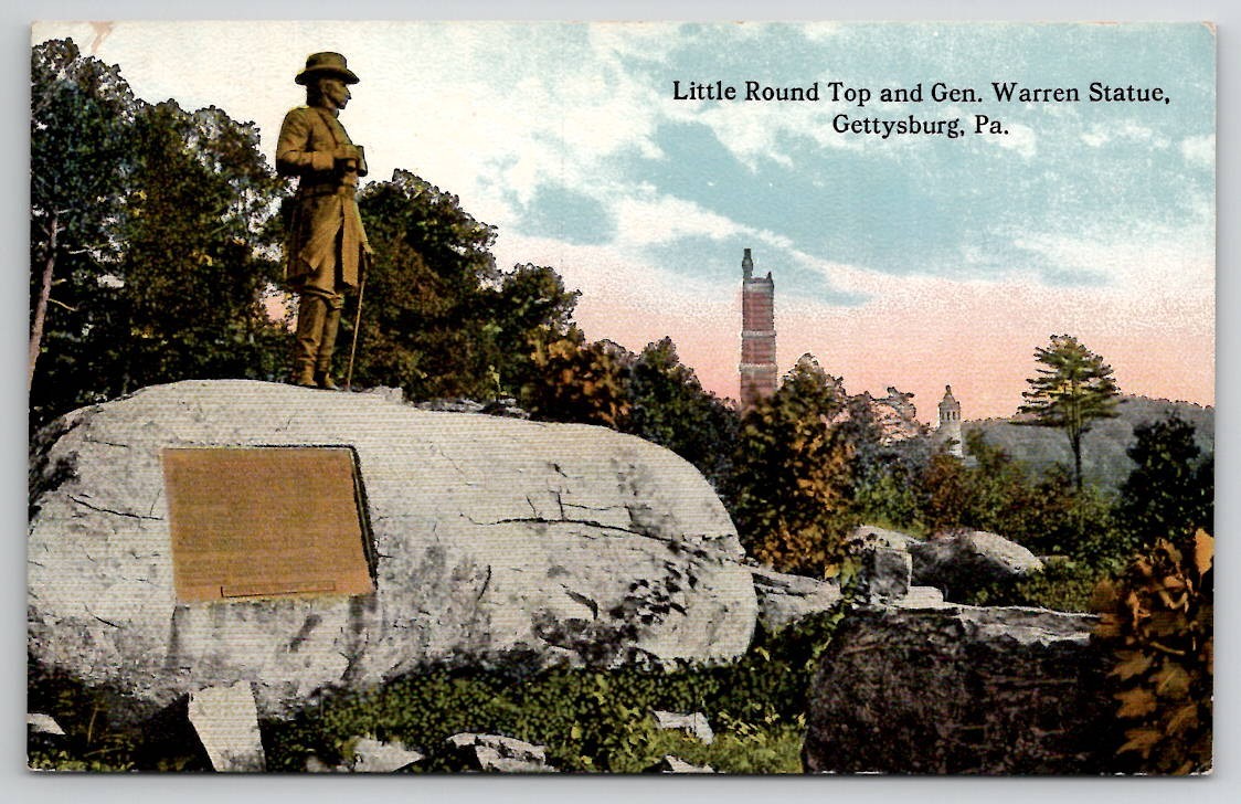 Gettysburg PA Little Round Top and Gen Warren Statue Postcard J46