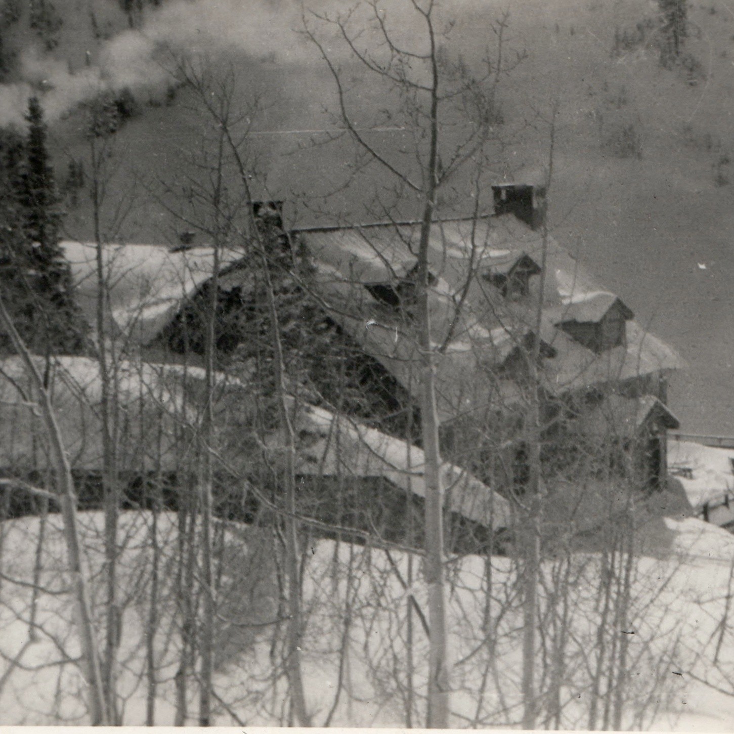 c1930s Winter Mountain Ski Lodge Cabin Snow Snapshot Photo Smoke Chimney Forest