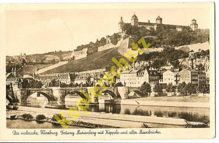 Würzburg postcard fortress Käppele old Main bridge railway postmark train stamp postcard