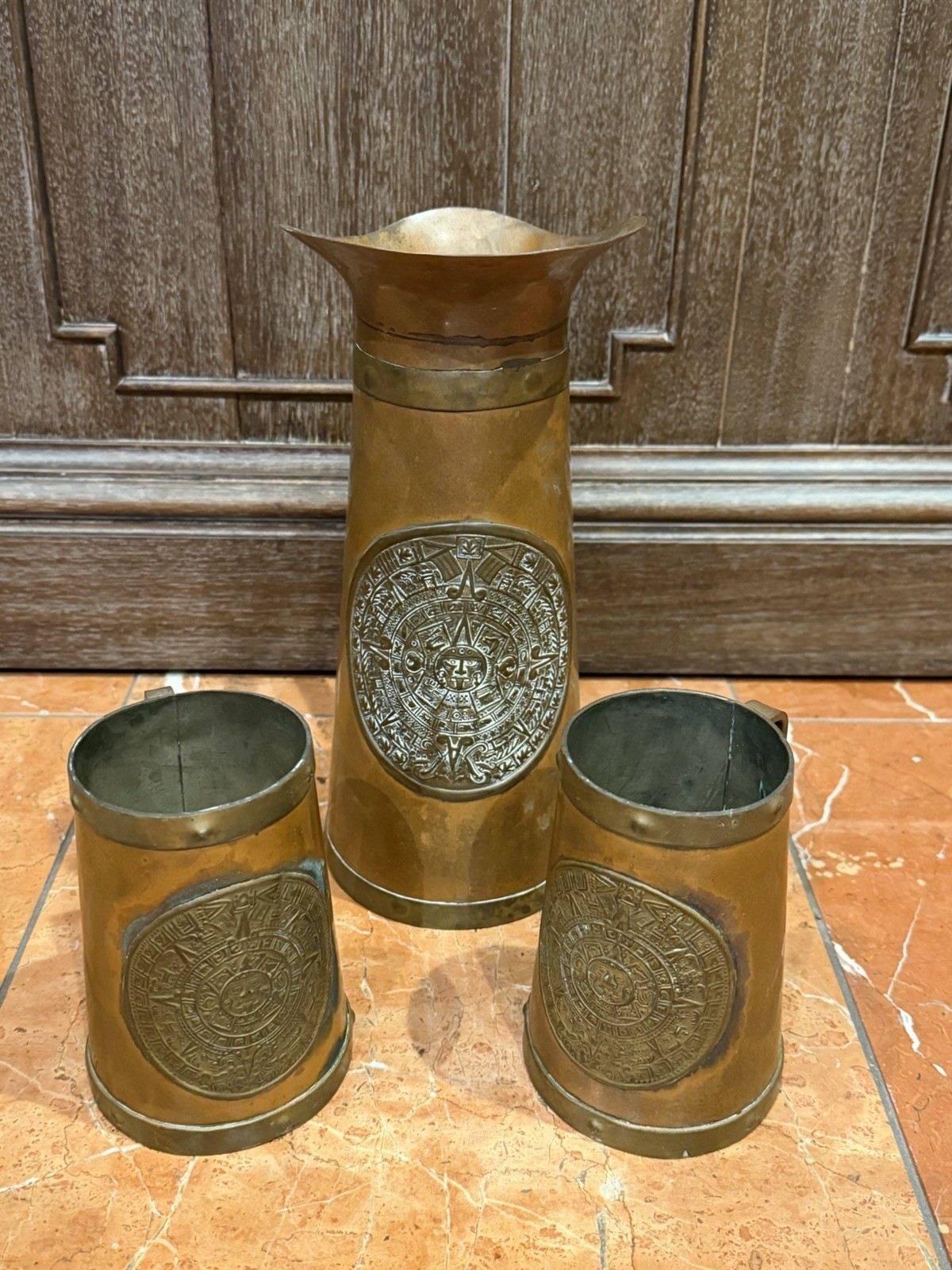 AZTEC MAYAN CALENDAR MEXICAN FOLK ART COPPER & BRASS PITCHER & 2 MUGS SET