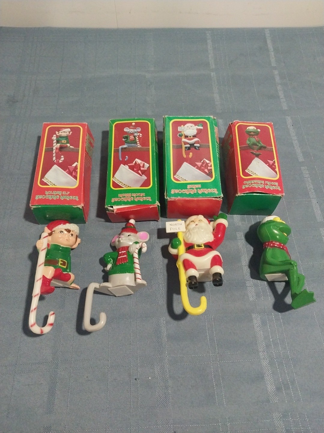 Vintage Plastic Christmas Stocking Hangers Elf ,Mouse, Santa ,Frog Hong Kong 