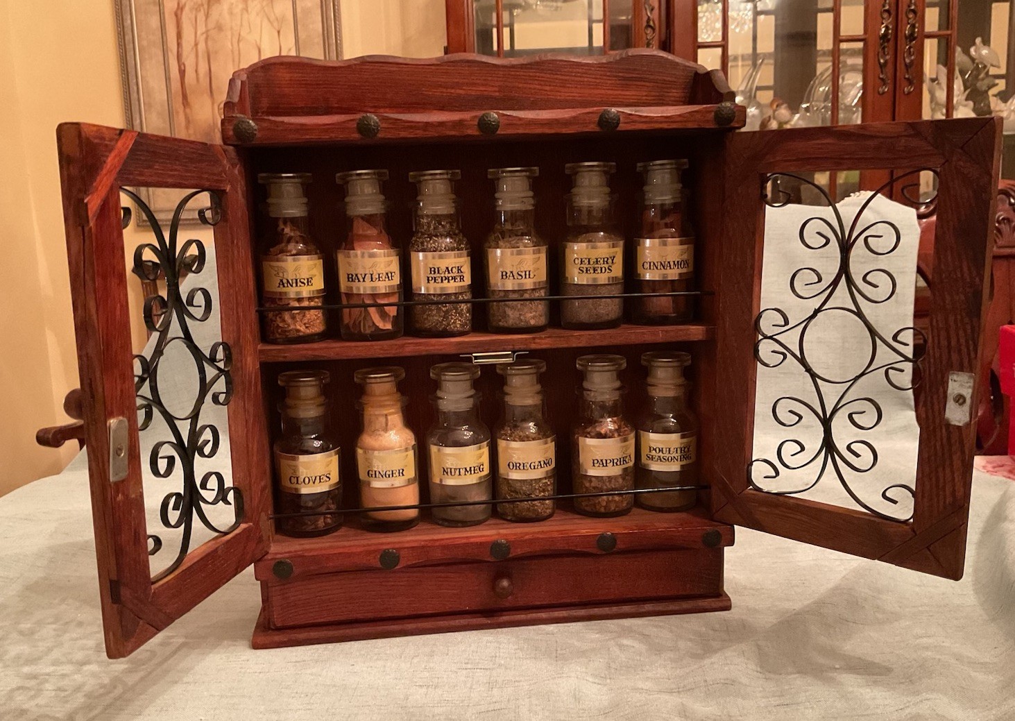 Vintage spice rack with original bottles & Spices