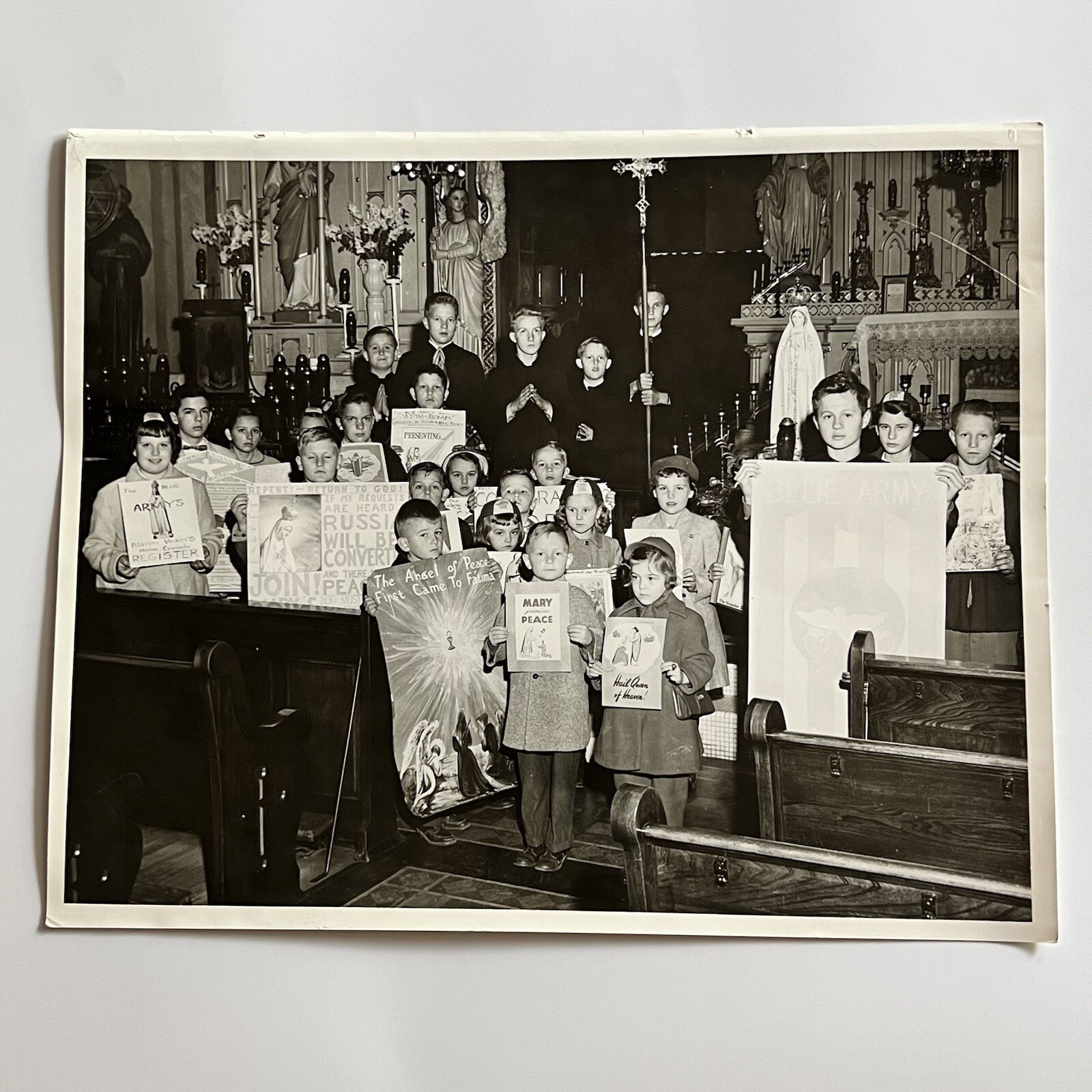 Vintage B&W Press Group Photograph Children Catholic Church Signs Blue Army