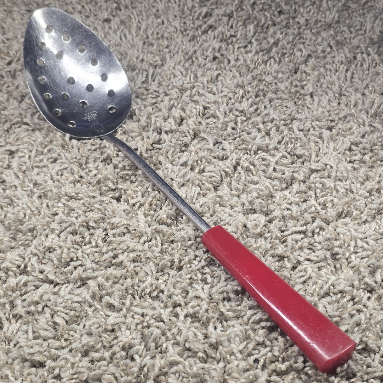 Vtg P&G Slotted Serving Bowl Spoon Utensil Stainless Red Bakelite Handle MCM USA