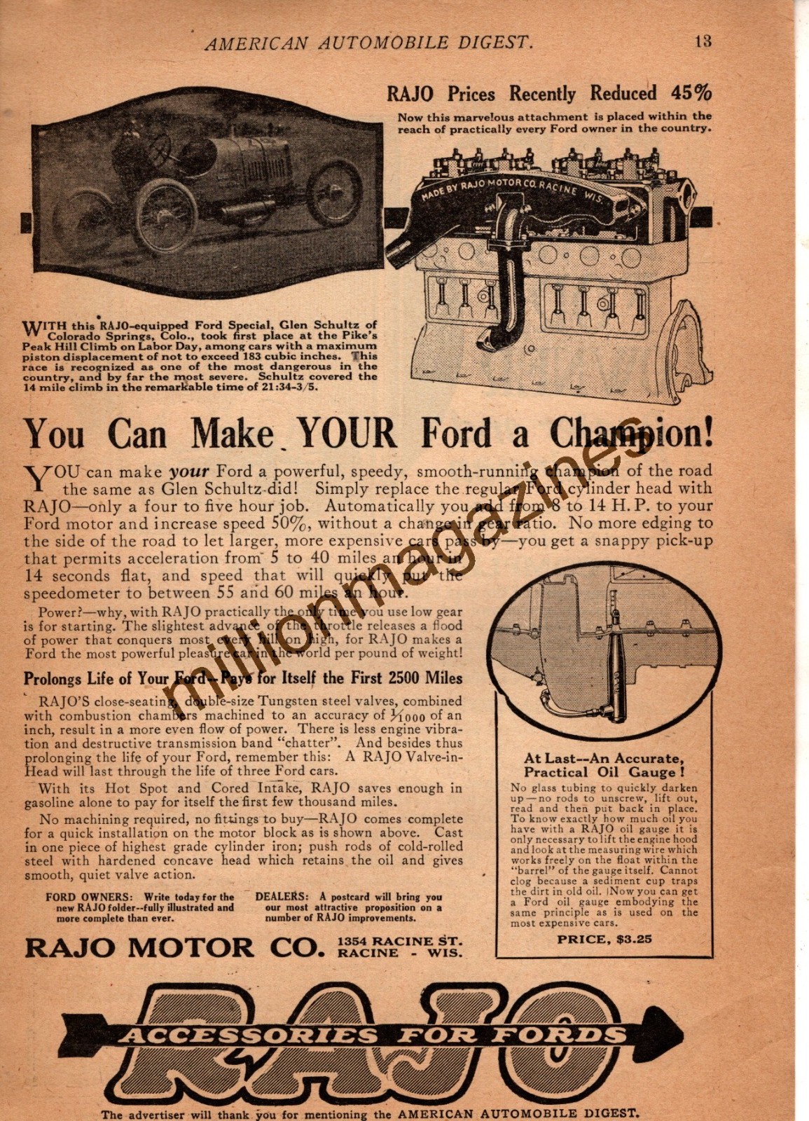 1922 Ford Model T Original ad for Rajo Model Engine Cylinder head - Racine WI