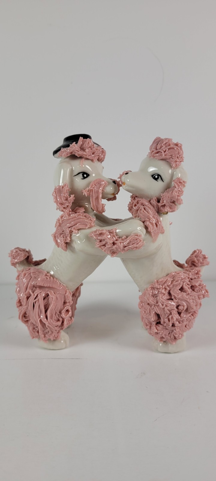 Vintage 1950s Handmade Spaghetti Poodle Pair Dancing Figurine w/Pink Flower Trim