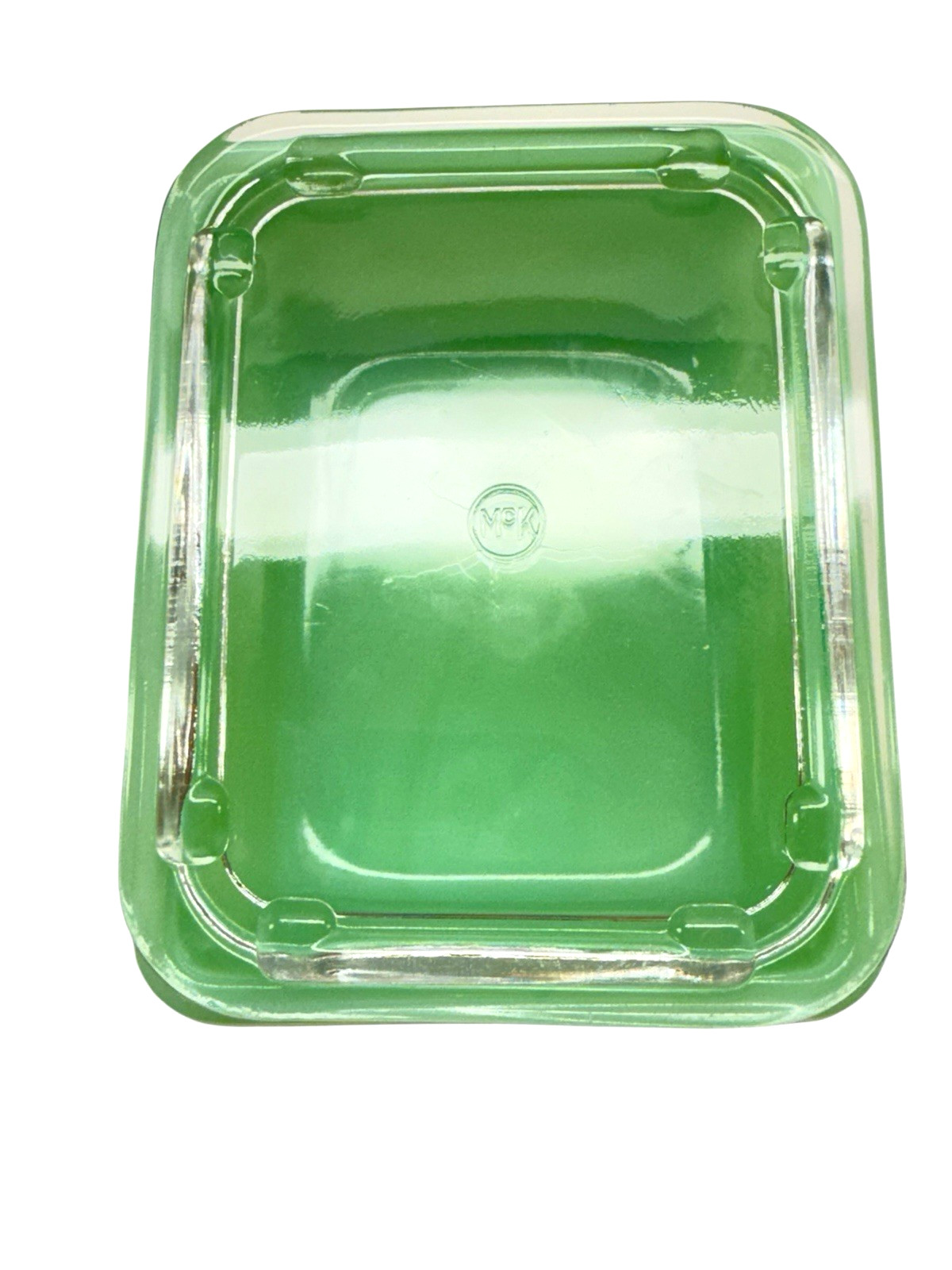 RARE 4x5 McKee Jadeite Refrigerator Dish & Lid Set McK Circle SCRIPT UV Uranium