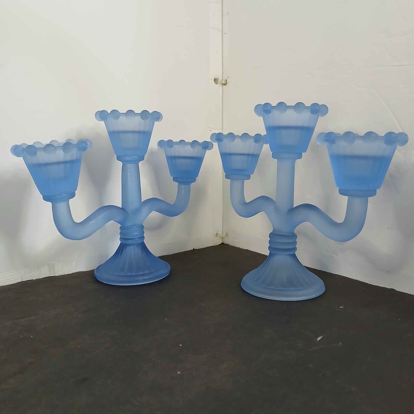 Vintage 2 Pcs Blue Frosted Satin Glass Triple Candle Holder Tulip Art Deco