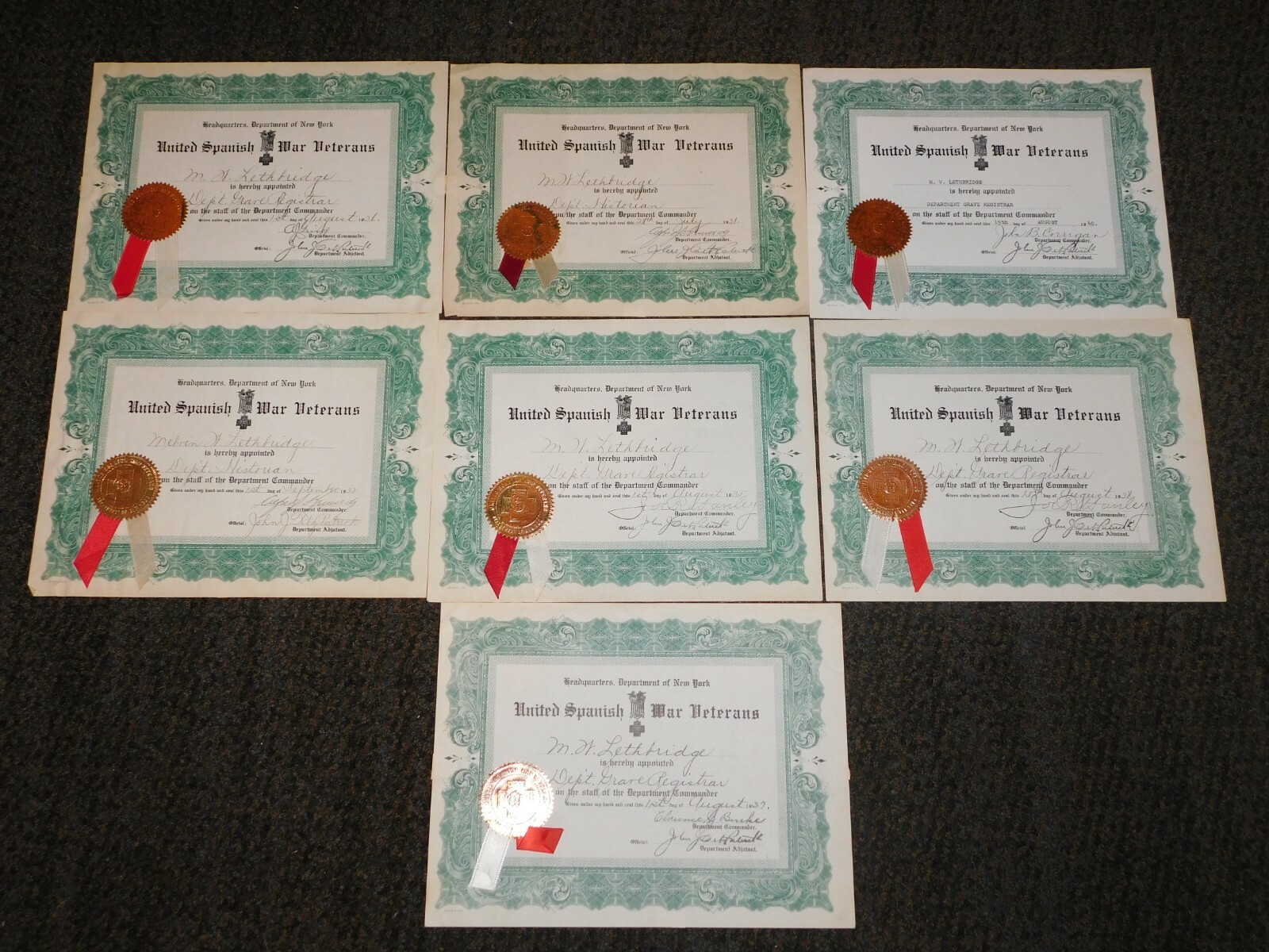 VINTAGE 1930S-40 DEPT  NY UNITED SPANISH WAR VETERANS 7 APPOINTMENT CERTIFICATES