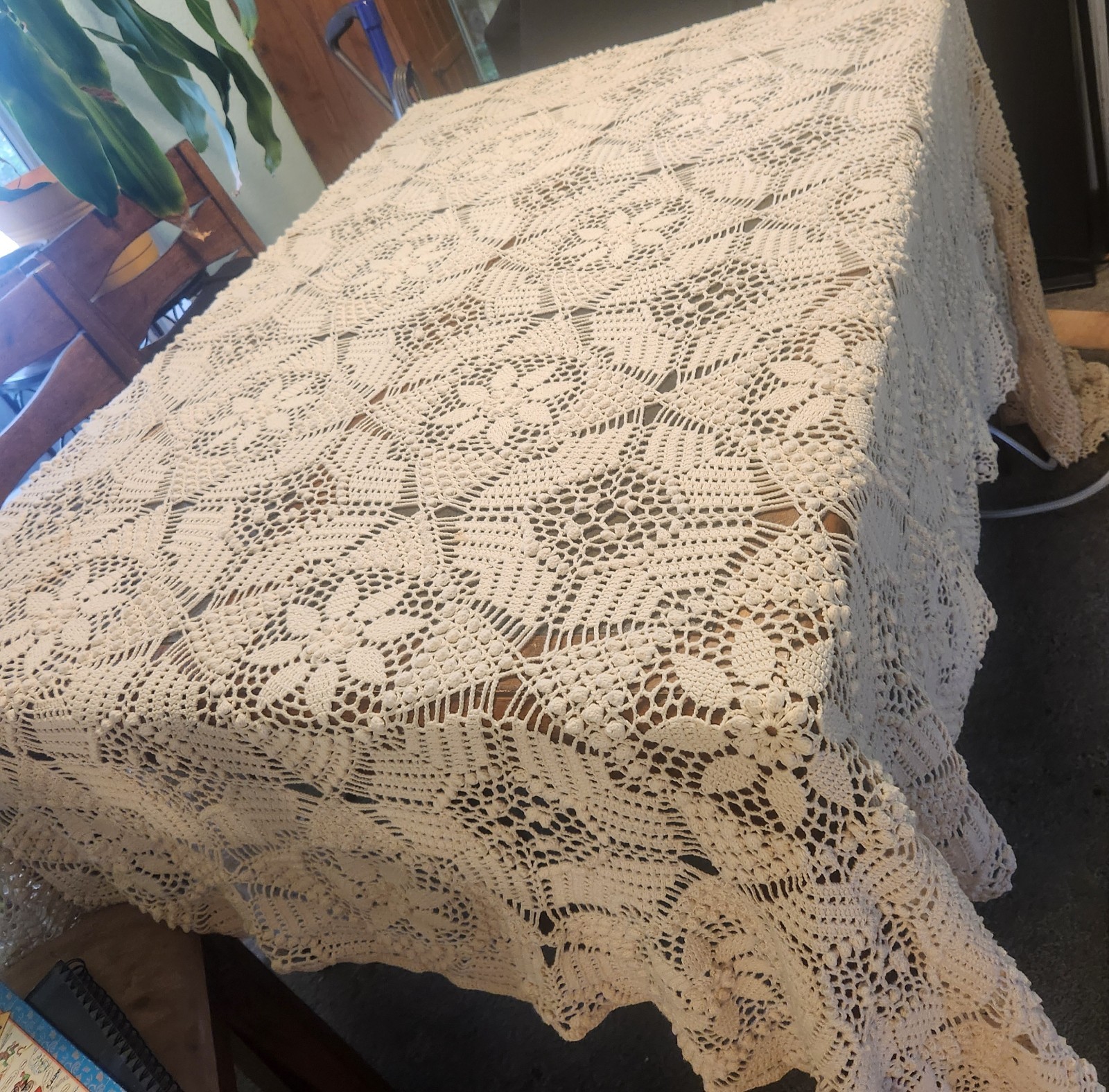 Vtg Hand Crochet Cotton Lace Amish Bedspread Coverlet 96 X 110  King Cottagecore
