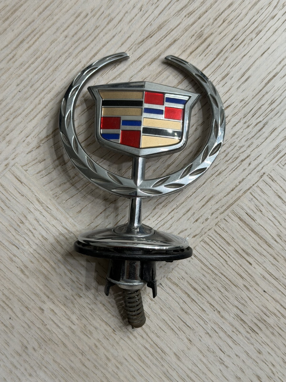 Vintage Cadillac Wreath & Crest Hood Ornament - Chrome, Multicolor Enamel, OEM