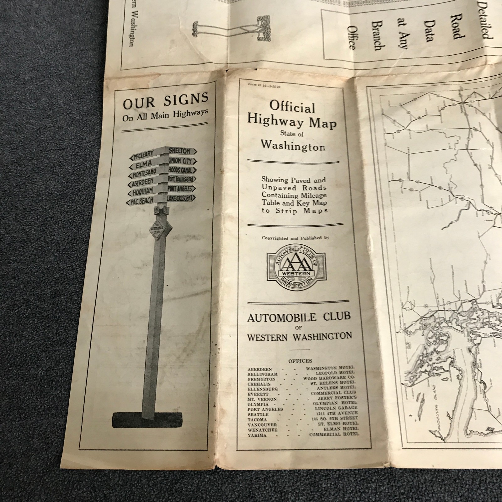 1922 Automobile Club of Western Washington Official Highway Map AAA Vintage RARE