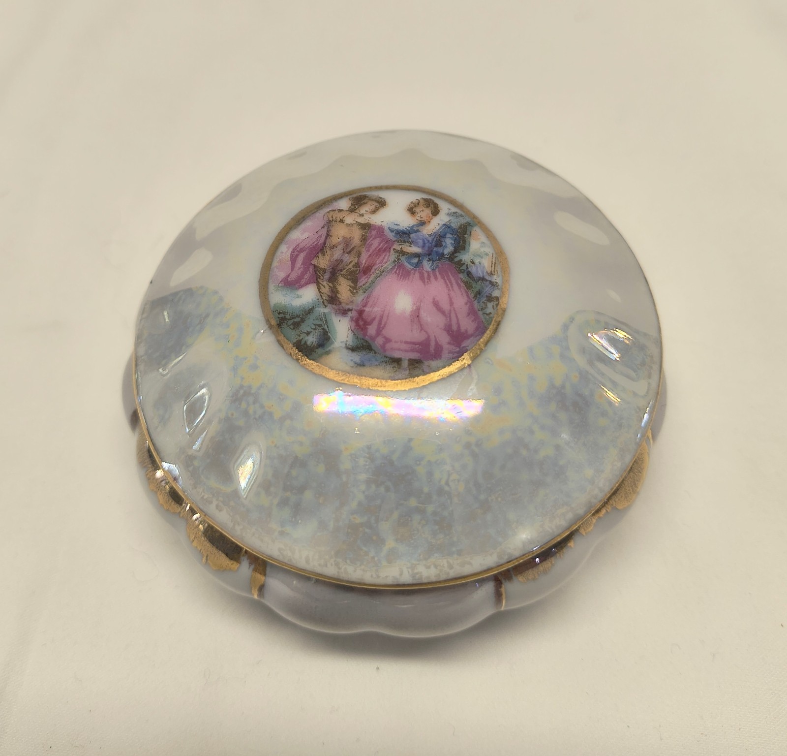 Vintage Japan Porcelain Trinket Dish Iridescent Lusterware Courting Couple