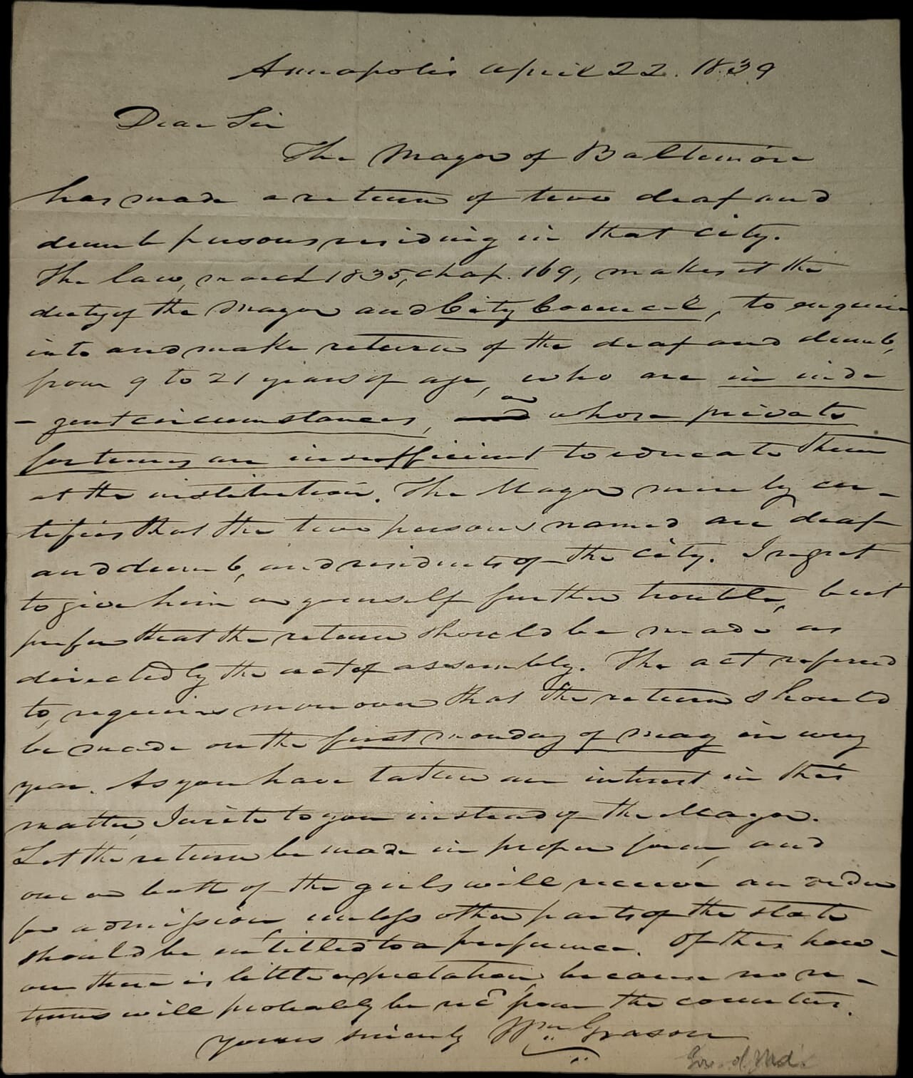 1839 ALS Maryland Governor William Grason - Joseph J Speed Regarding Deaf & Mute