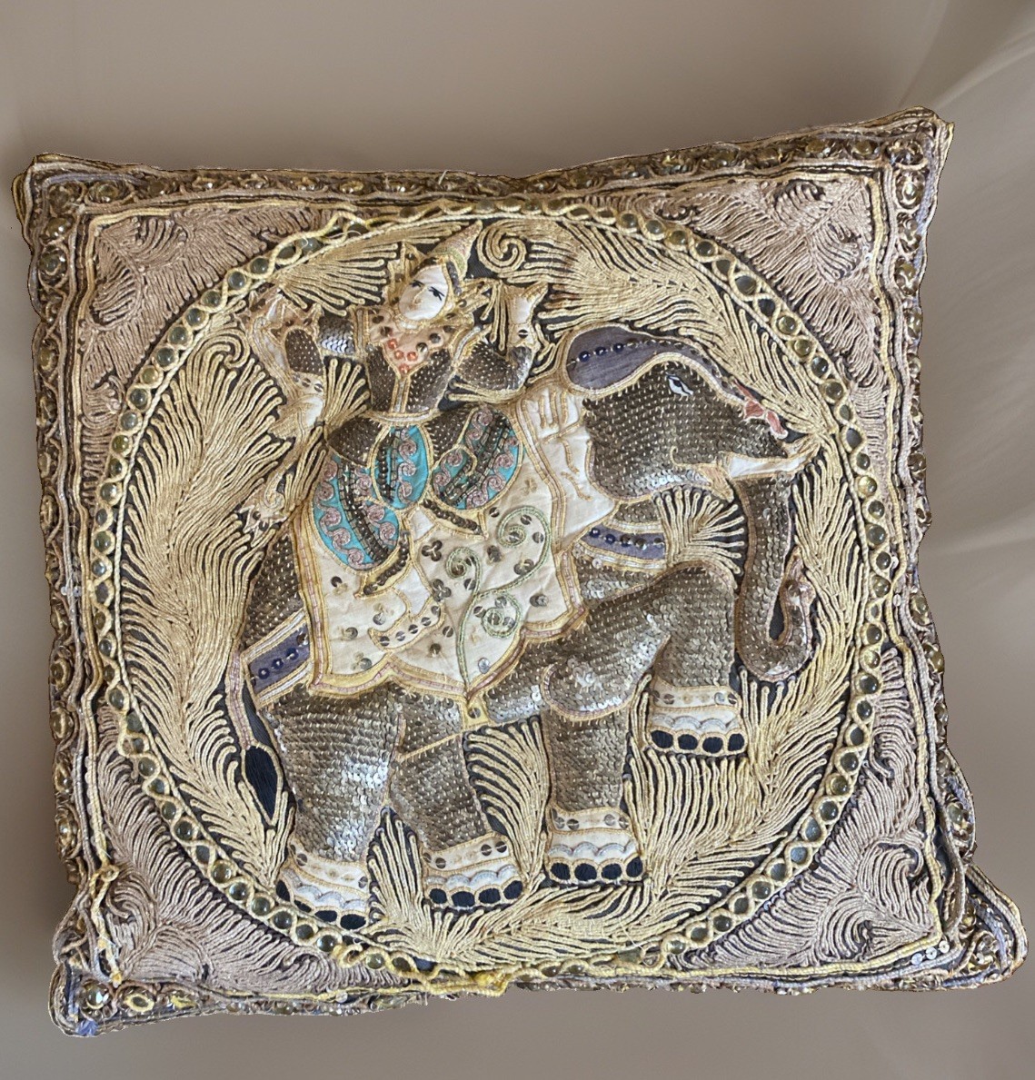 Vintage Thai Burmese Kalaga Embroidered Dancer Elephant Pillow 3D Sequins Beads